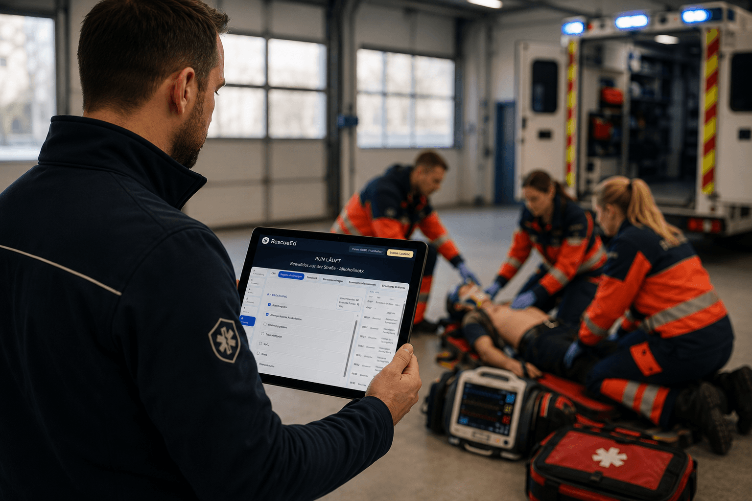 Praktische Ausbildungssituation mit Ausbilder und Tablet